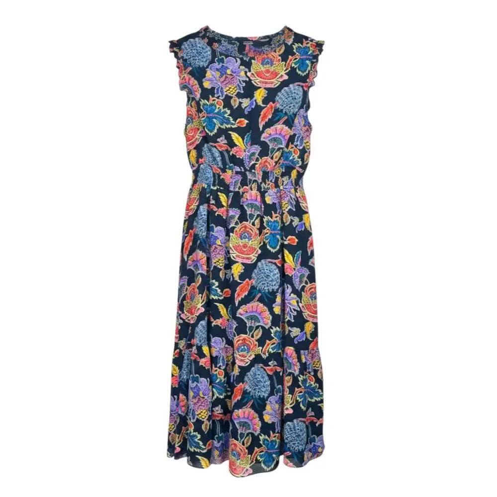J.CREW Women's Size M Vibrant Multicolor Floral Smocked-Waist Midi Dress